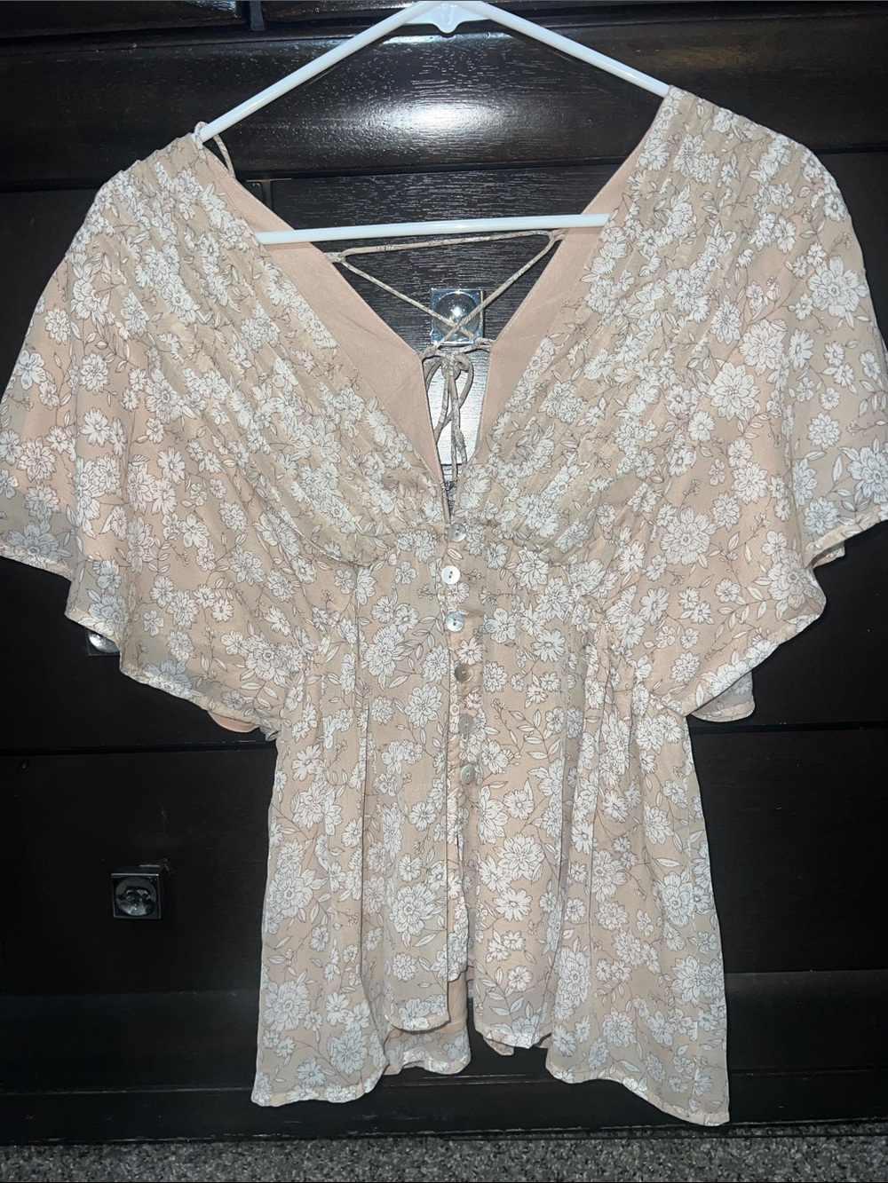 By Together Beige Floral V-Neck Smocked Peplum Blouse